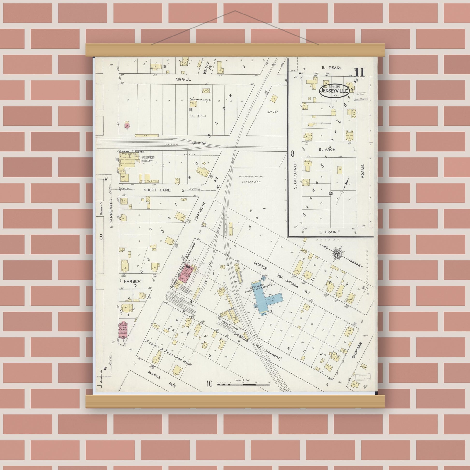 Old map wall art mockup — magnetic wood frame on brick wall — Sanborn Fire Insurance Map from Jerseyville, Jersey County, Illinois (1914), Sheet #0011