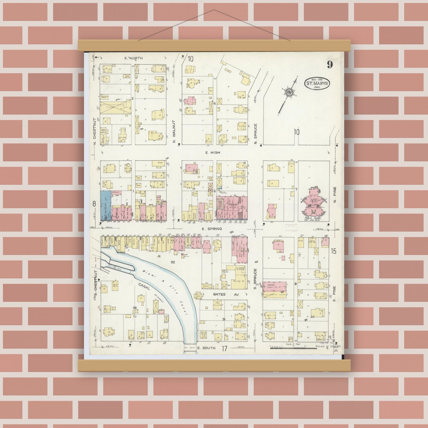 Old map wall art mockup — magnetic wood frame on brick wall — Sanborn Fire Insurance Map from Saint Marys, Auglaize County, Ohio (1914), Sheet #0009