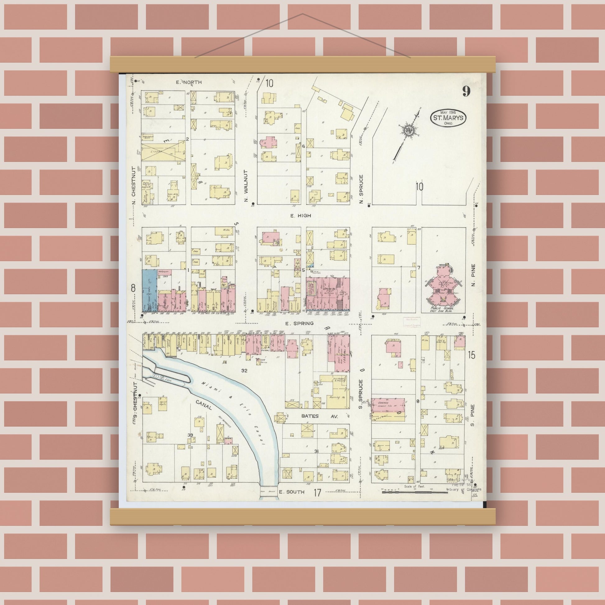 Old map wall art mockup — magnetic wood frame on brick wall — Sanborn Fire Insurance Map from Saint Marys, Auglaize County, Ohio (1914), Sheet #0009