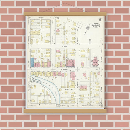 Old map wall art mockup — magnetic wood frame on brick wall — Sanborn Fire Insurance Map from Saint Marys, Auglaize County, Ohio (1914), Sheet #0009