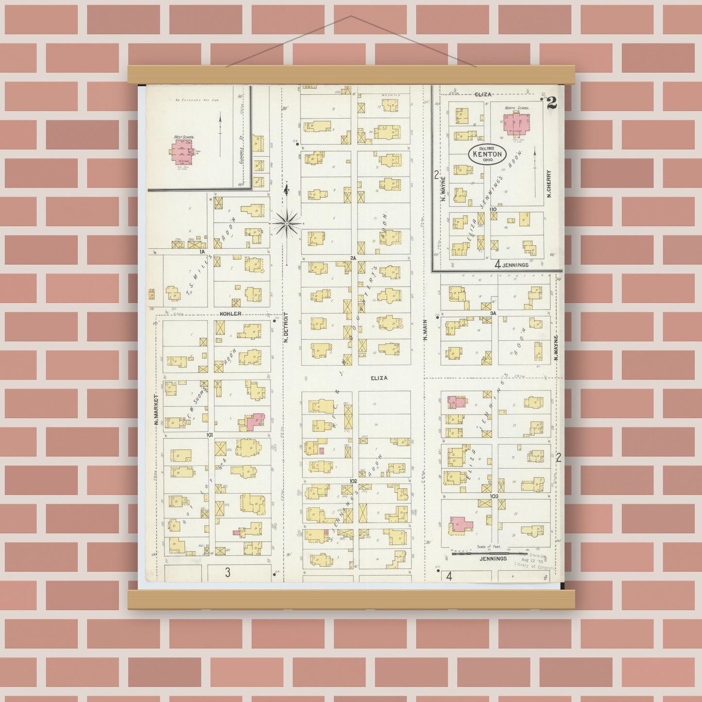 Old map wall art mockup — magnetic wood frame on brick wall — Sanborn Fire Insurance Map from Kenton, Hardin County, Ohio (1902), Sheet #0002