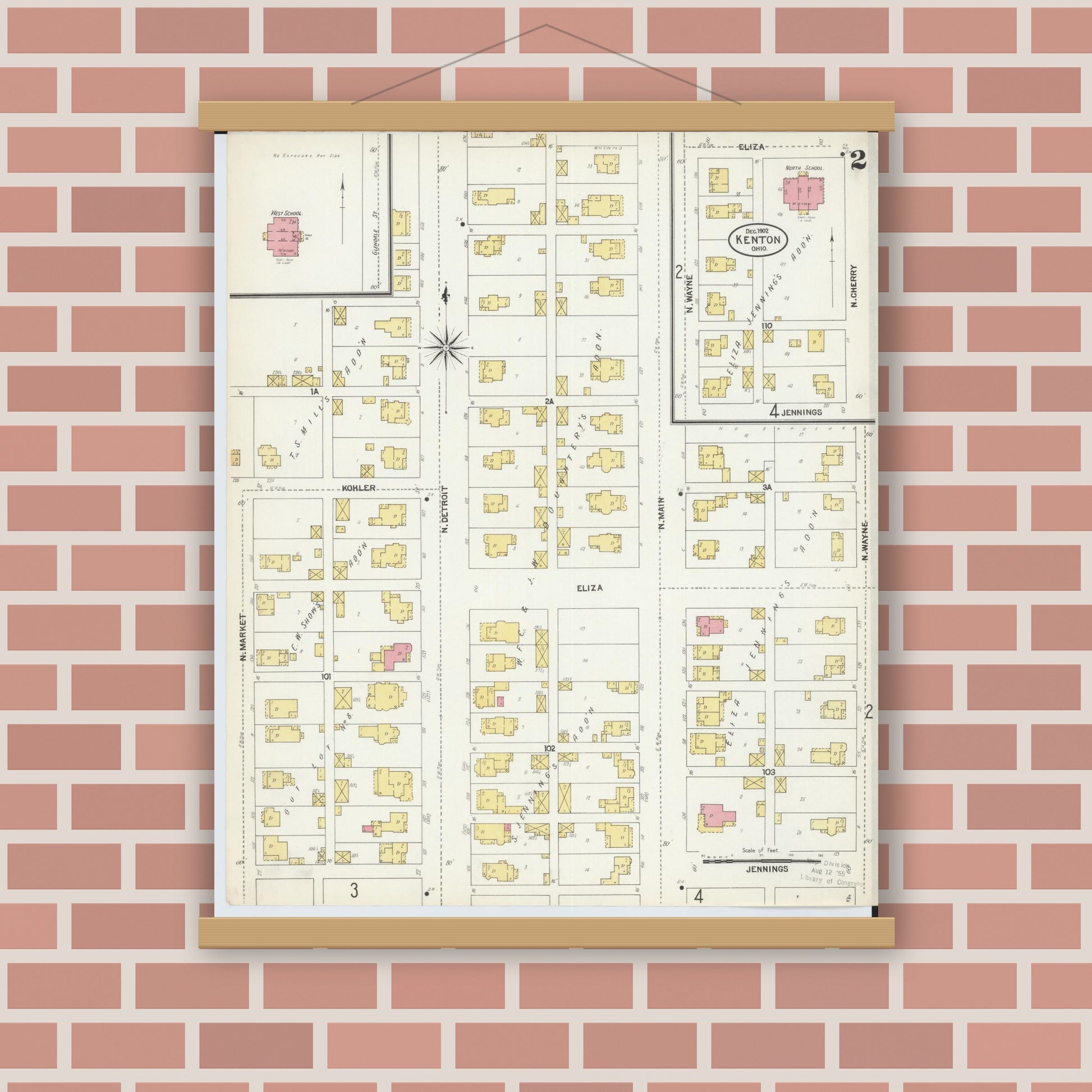 Old map wall art mockup — magnetic wood frame on brick wall — Sanborn Fire Insurance Map from Kenton, Hardin County, Ohio (1902), Sheet #0002