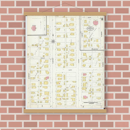 Old map wall art mockup — magnetic wood frame on brick wall — Sanborn Fire Insurance Map from Kenton, Hardin County, Ohio (1902), Sheet #0002