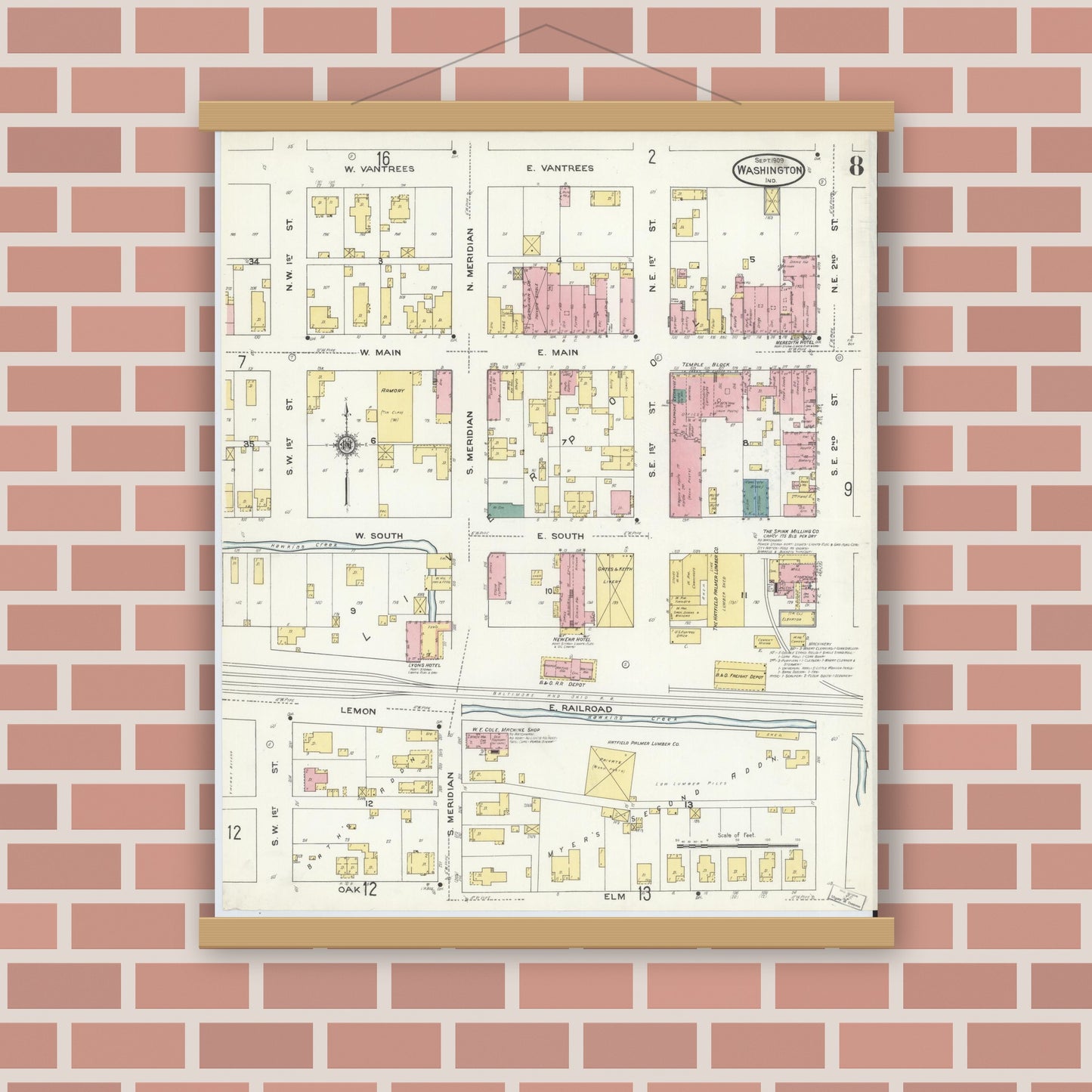 Old map wall art mockup — magnetic wood frame on brick wall — Sanborn Fire Insurance Map from Washington, Daviess County, Indiana (1909), Sheet #0008