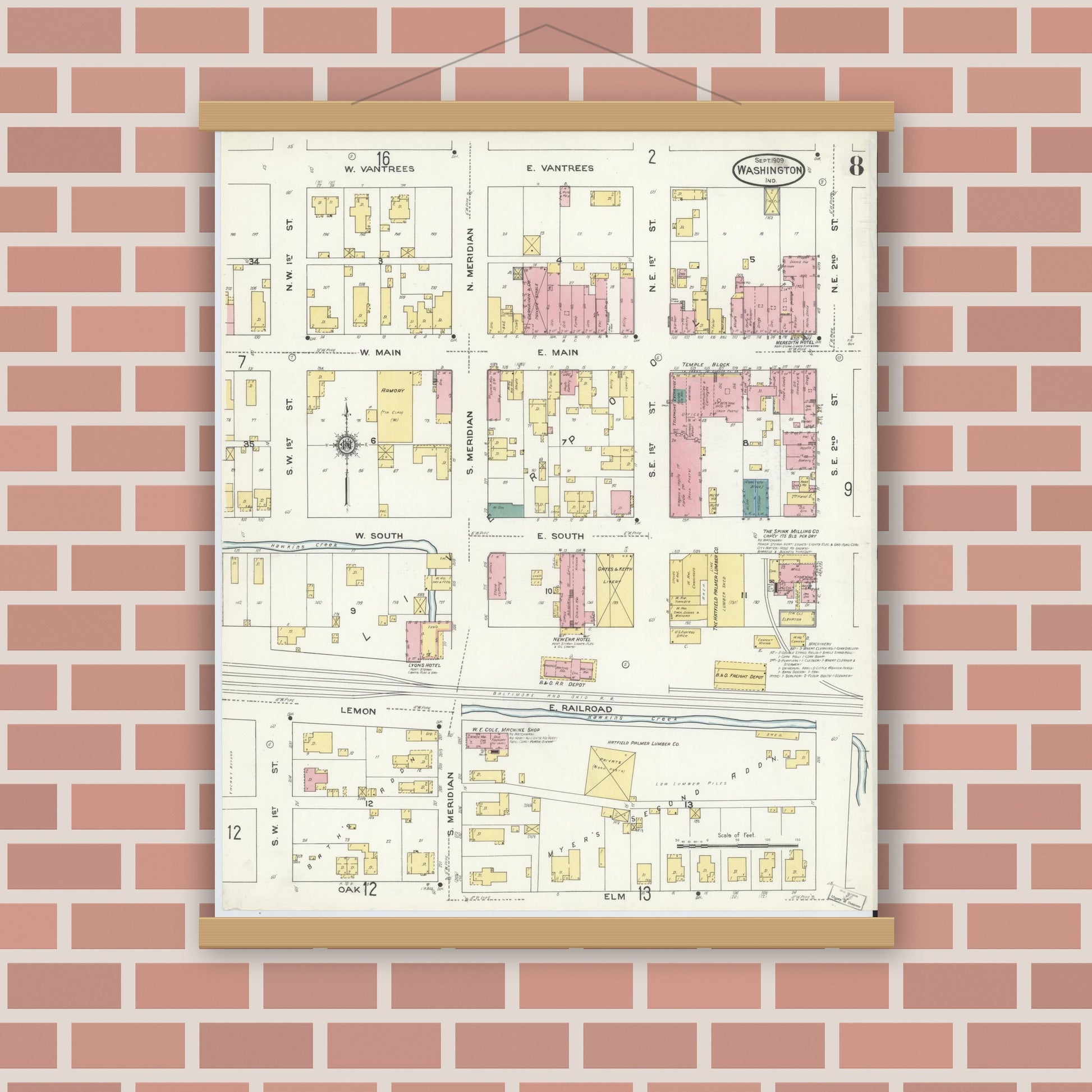 Old map wall art mockup — magnetic wood frame on brick wall — Sanborn Fire Insurance Map from Washington, Daviess County, Indiana (1909), Sheet #0008