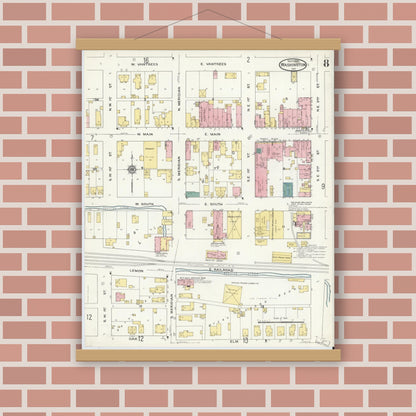 Old map wall art mockup — magnetic wood frame on brick wall — Sanborn Fire Insurance Map from Washington, Daviess County, Indiana (1909), Sheet #0008