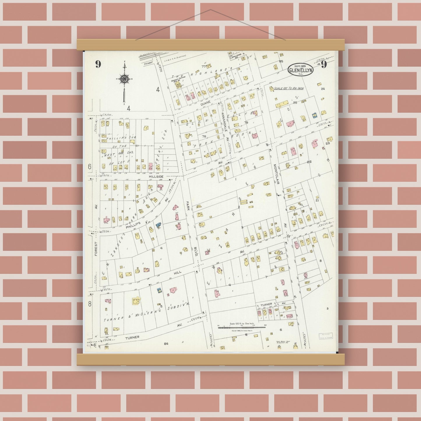 Old map wall art mockup — magnetic wood frame on brick wall — Sanborn Fire Insurance Map from Glen Ellyn, Du Page County, Illinois (1924), Sheet #0009