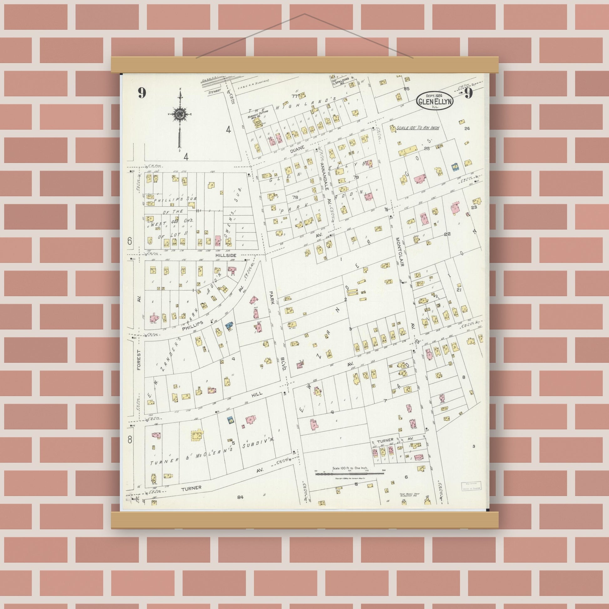 Old map wall art mockup — magnetic wood frame on brick wall — Sanborn Fire Insurance Map from Glen Ellyn, Du Page County, Illinois (1924), Sheet #0009