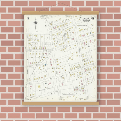 Old map wall art mockup — magnetic wood frame on brick wall — Sanborn Fire Insurance Map from Glen Ellyn, Du Page County, Illinois (1924), Sheet #0009