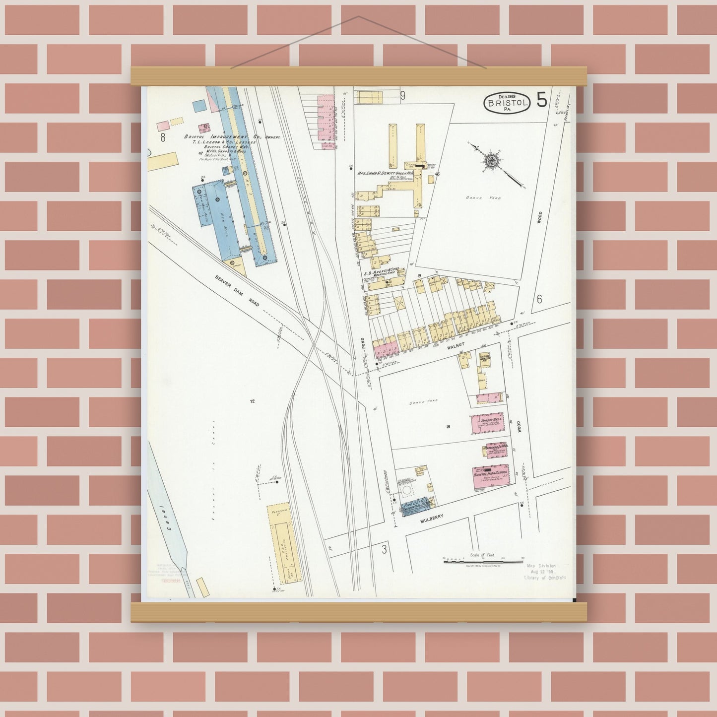 Old map wall art mockup — magnetic wood frame on brick wall — Sanborn Fire Insurance Map from Bristol, Bucks County, Pennsylvania (1927), Sheet #0005