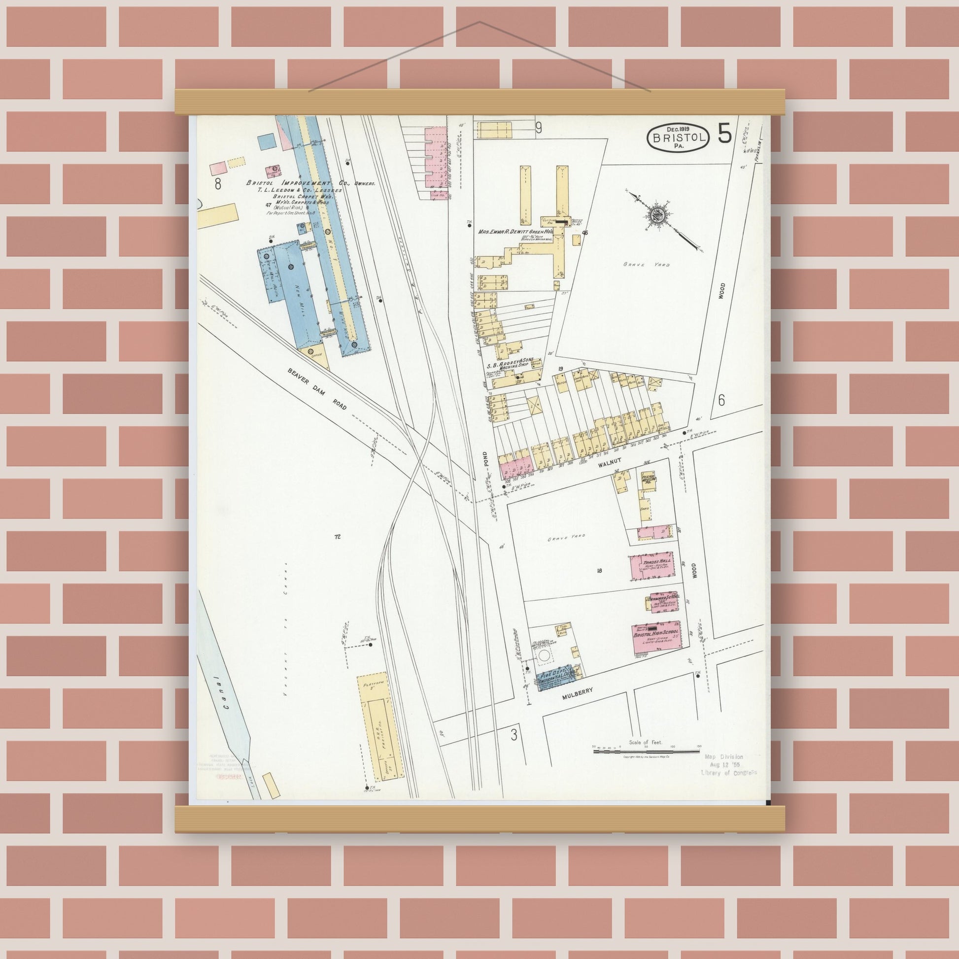 Old map wall art mockup — magnetic wood frame on brick wall — Sanborn Fire Insurance Map from Bristol, Bucks County, Pennsylvania (1927), Sheet #0005