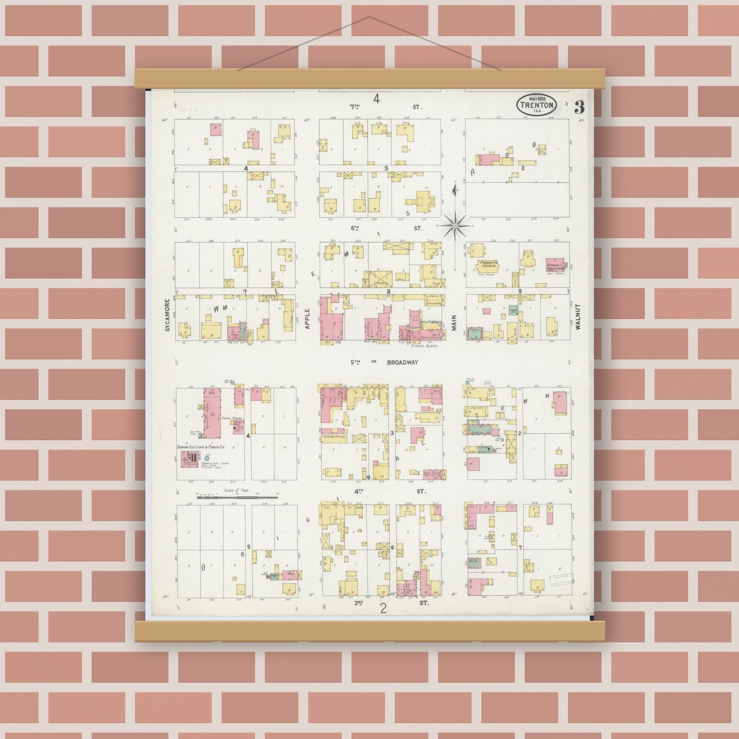 Old map wall art mockup — magnetic wood frame on brick wall — Sanborn Fire Insurance Map from Trenton, Clinton County, Illinois (1899), Sheet #0003