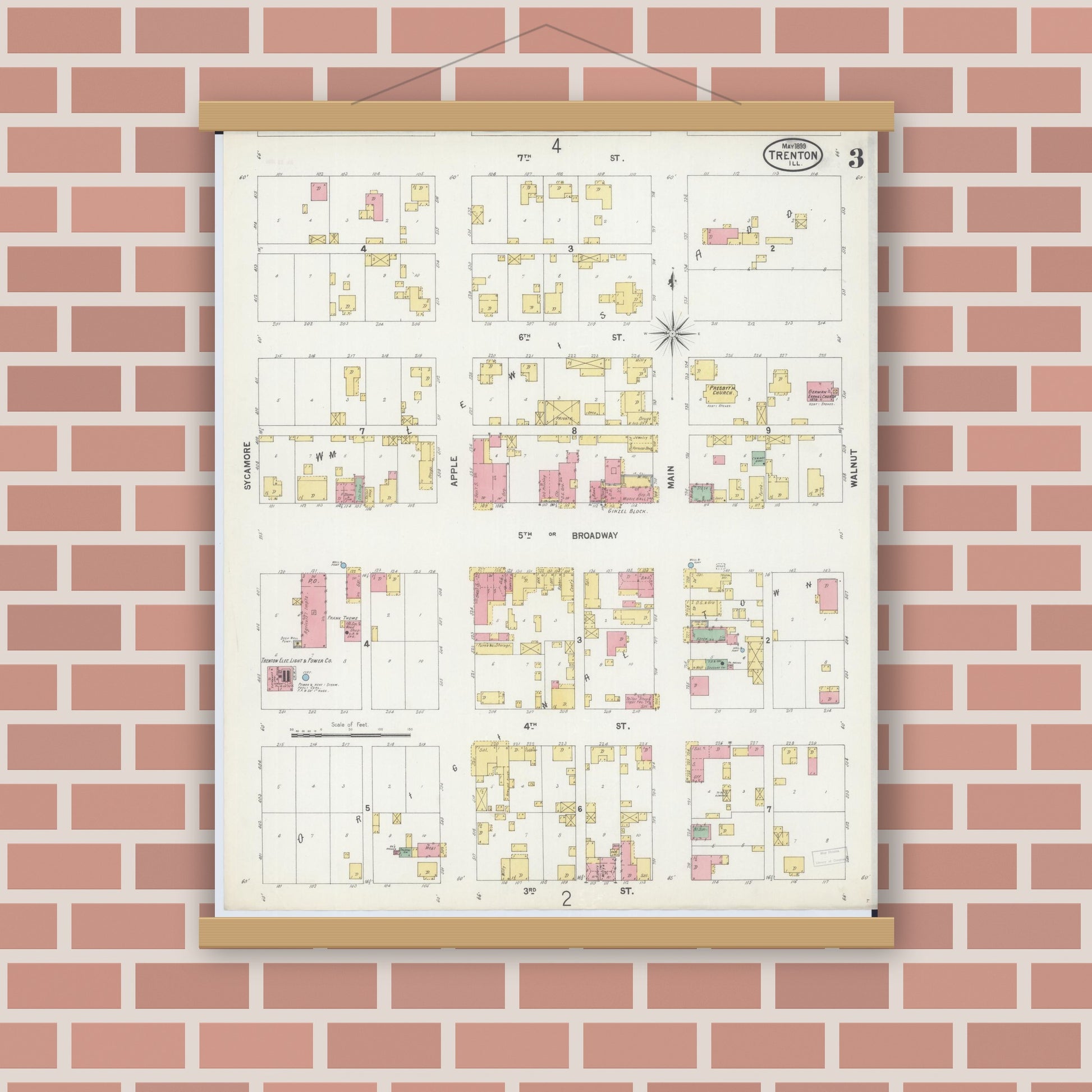 Old map wall art mockup — magnetic wood frame on brick wall — Sanborn Fire Insurance Map from Trenton, Clinton County, Illinois (1899), Sheet #0003