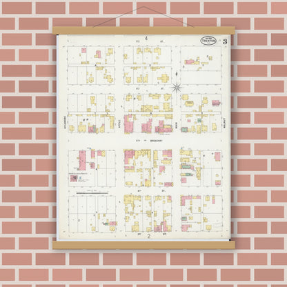Old map wall art mockup — magnetic wood frame on brick wall — Sanborn Fire Insurance Map from Trenton, Clinton County, Illinois (1899), Sheet #0003