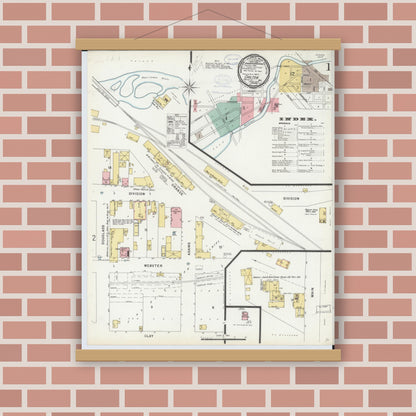 Old map wall art mockup — magnetic wood frame on brick wall — Sanborn Fire Insurance Map from Chilton, Calumet County, Wisconsin (1898), Sheet #0001