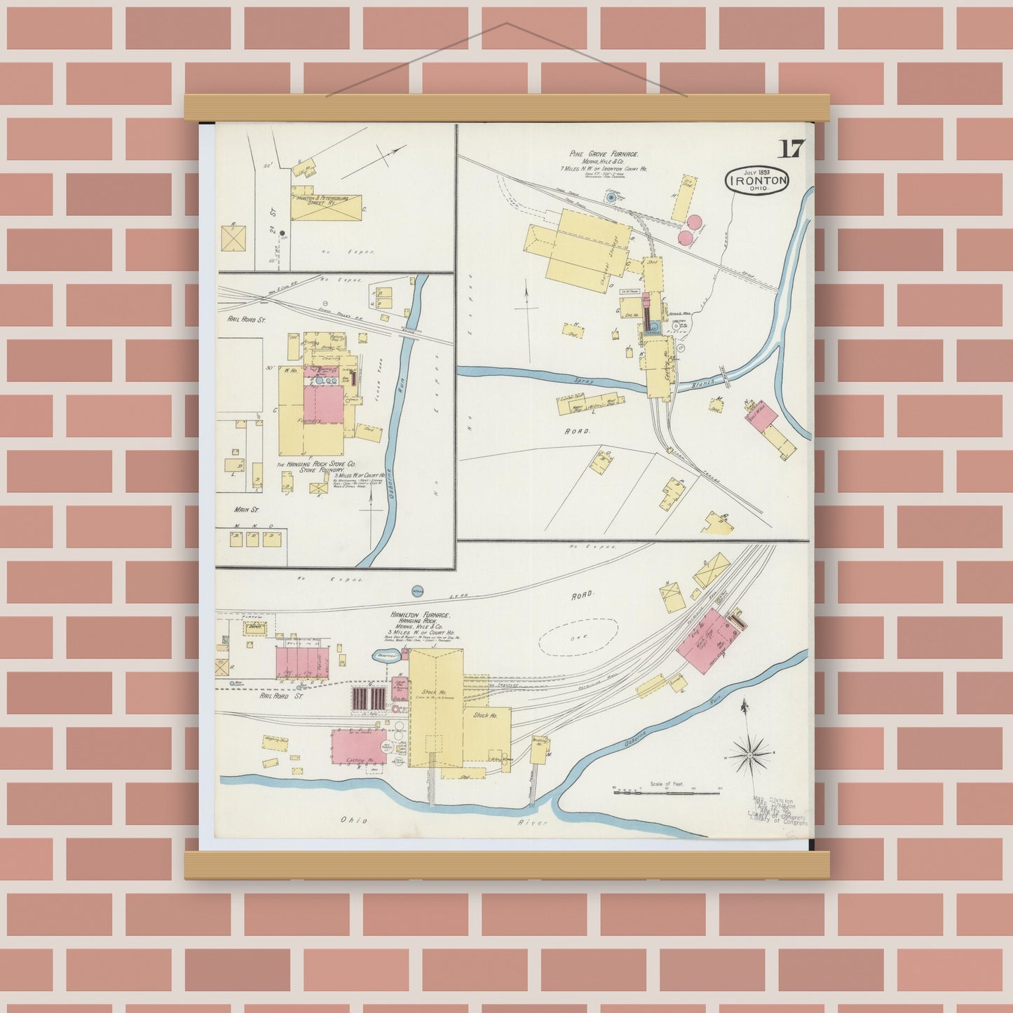 Old map wall art mockup — magnetic wood frame on brick wall — Sanborn Fire Insurance Map from Ironton, Lawrence County, Ohio (1893), Sheet #0017
