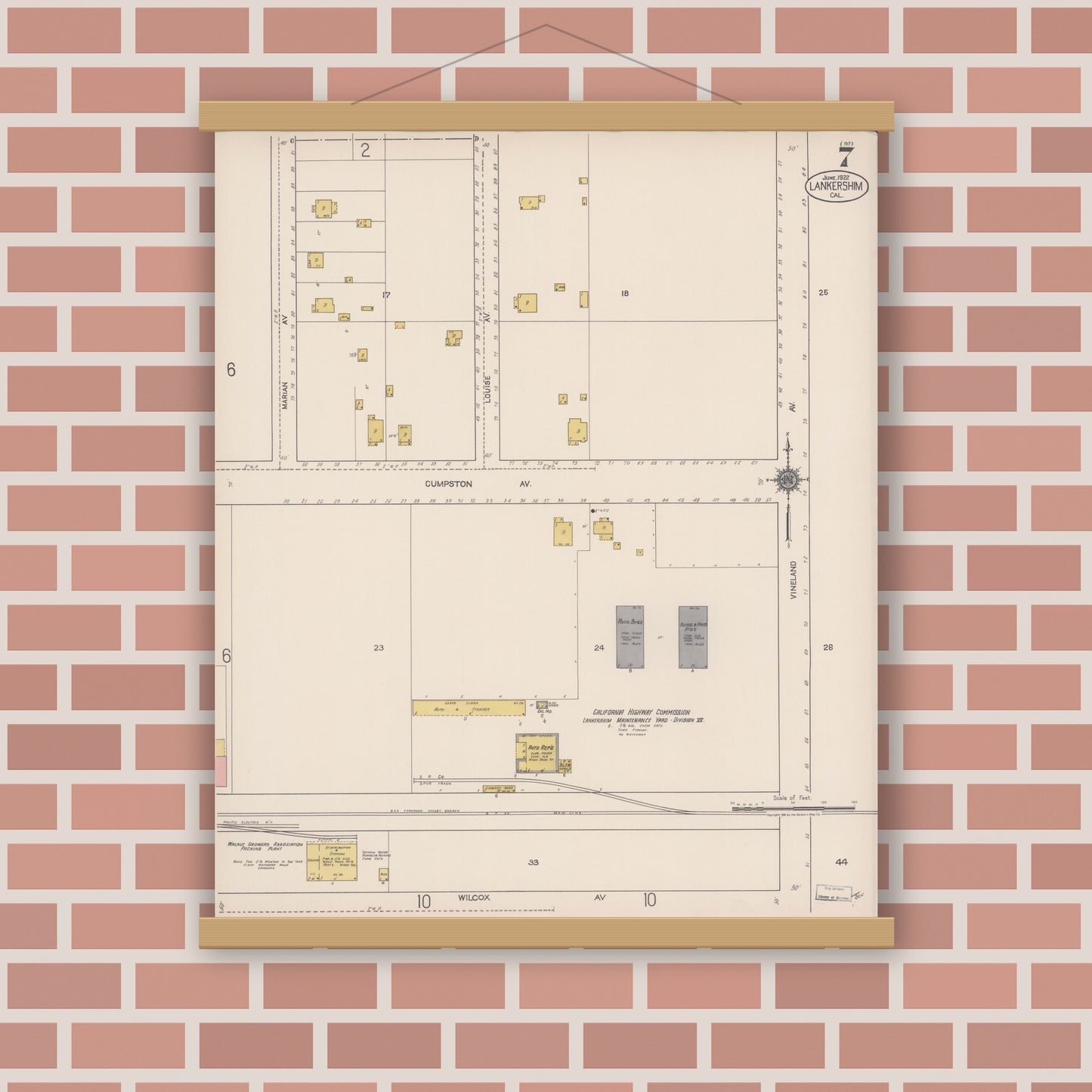 Old map wall art mockup — magnetic wood frame on brick wall — Sanborn Fire Insurance Map from Lankershim, Los Angeles County, California (1922), Sheet #0007