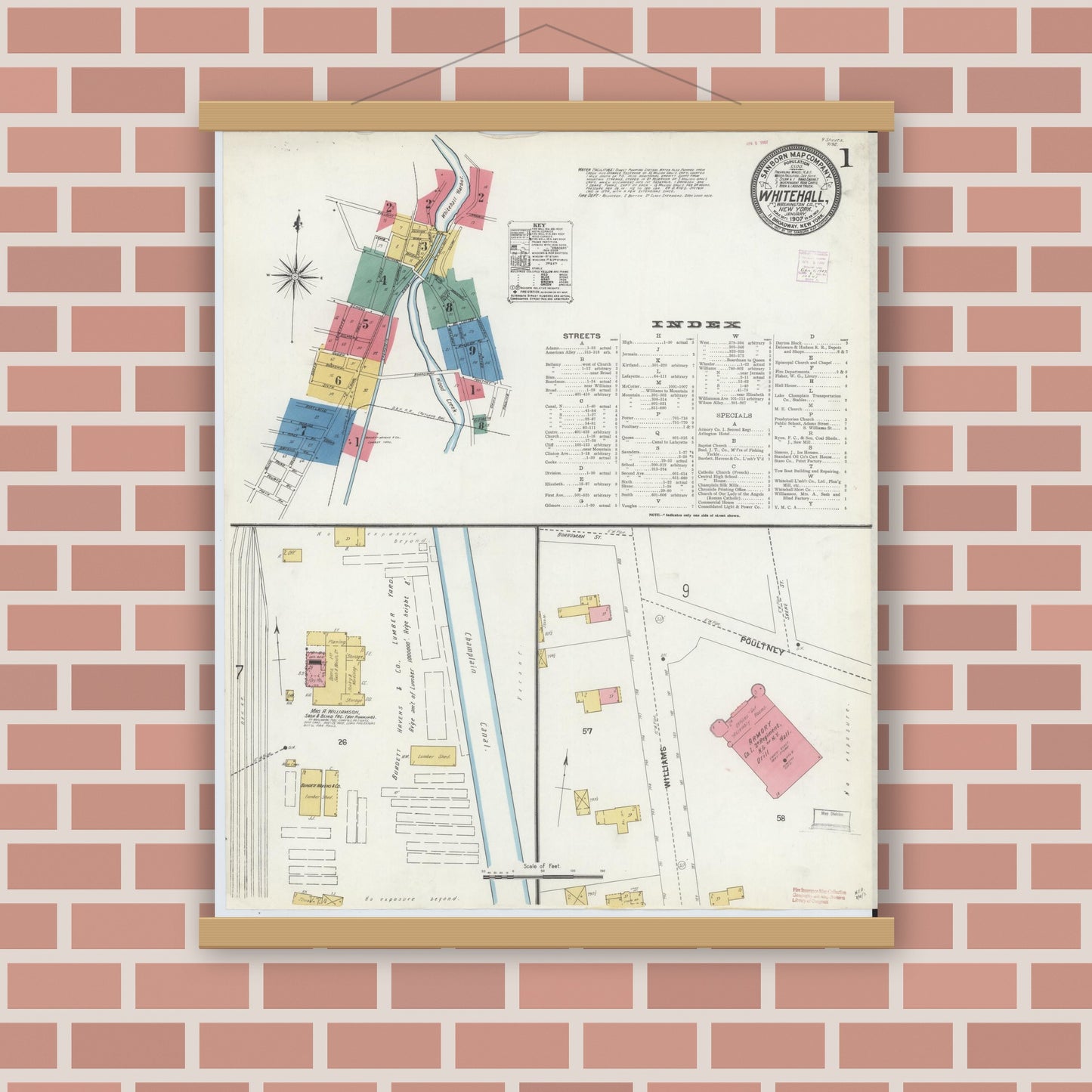 Old map wall art mockup — magnetic wood frame on brick wall — Sanborn Fire Insurance Map from Whitehall, Washington County, New York (1907), Sheet #0001