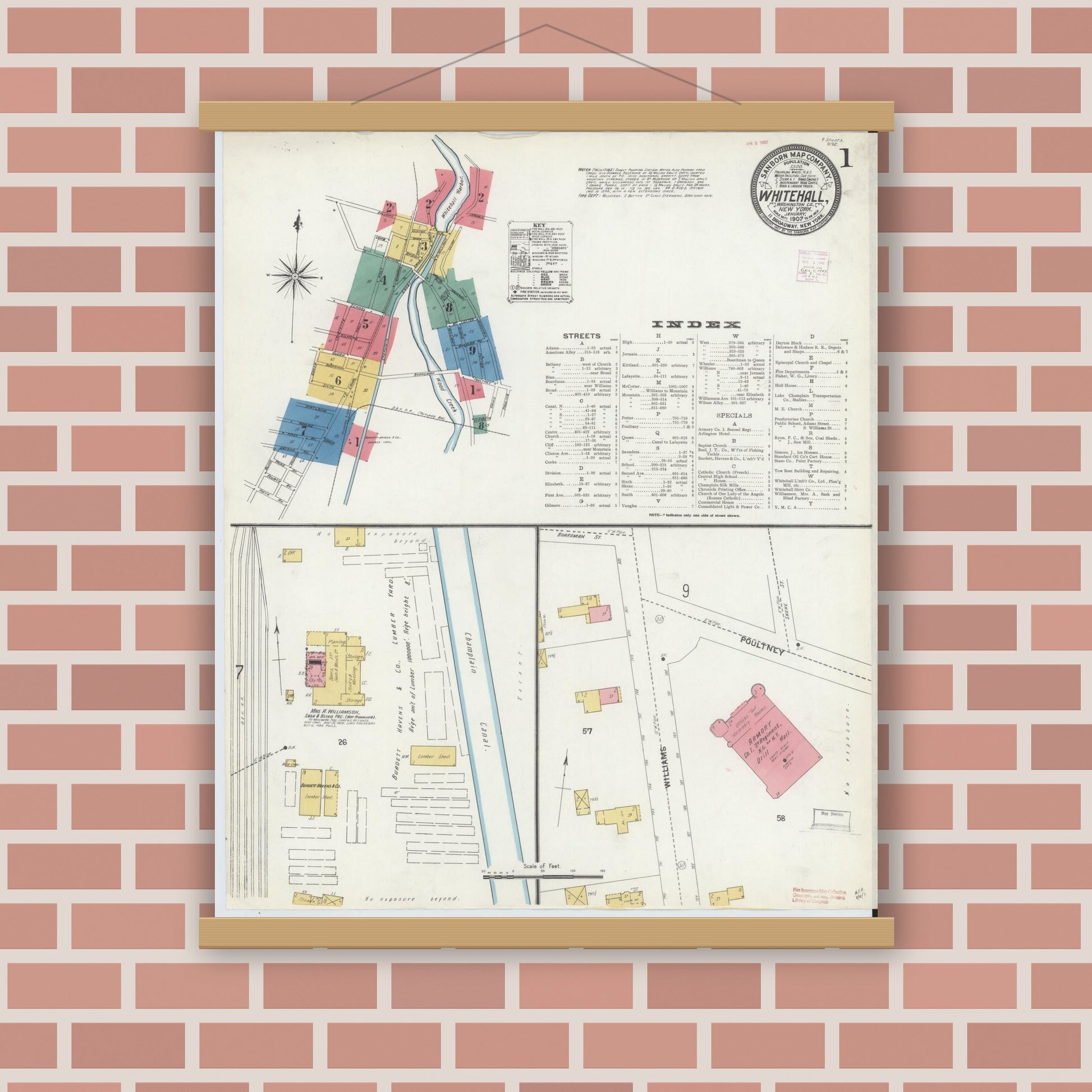 Old map wall art mockup — magnetic wood frame on brick wall — Sanborn Fire Insurance Map from Whitehall, Washington County, New York (1907), Sheet #0001