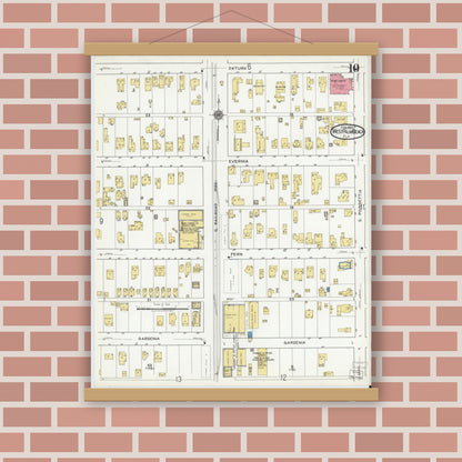 Old map wall art mockup — magnetic wood frame on brick wall — Sanborn Fire Insurance Map from West Palm Beach, Dade County, Florida (1920), Sheet #0010