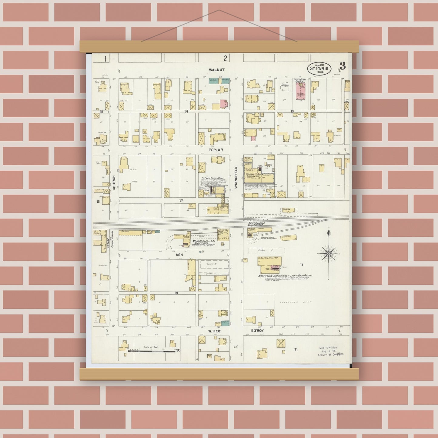 Old map wall art mockup — magnetic wood frame on brick wall — Sanborn Fire Insurance Map from Saint Paris, Champaign County, Ohio (1901), Sheet #0003