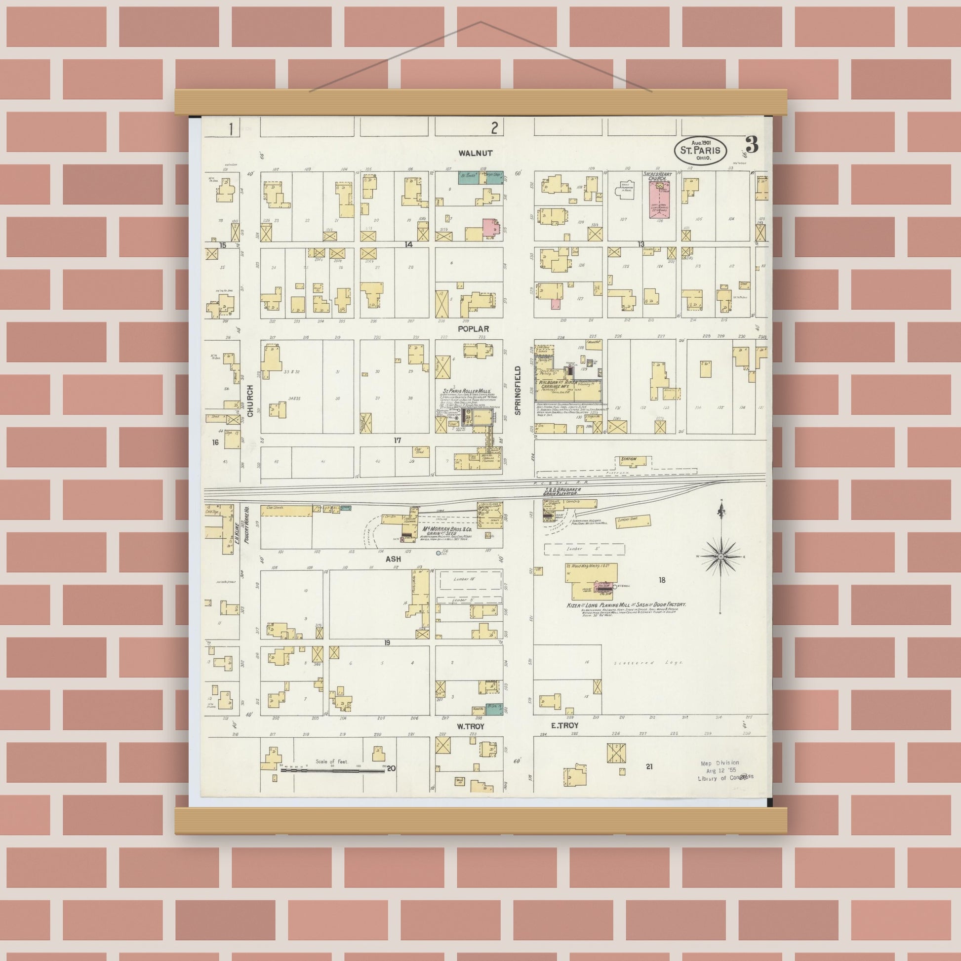 Old map wall art mockup — magnetic wood frame on brick wall — Sanborn Fire Insurance Map from Saint Paris, Champaign County, Ohio (1901), Sheet #0003