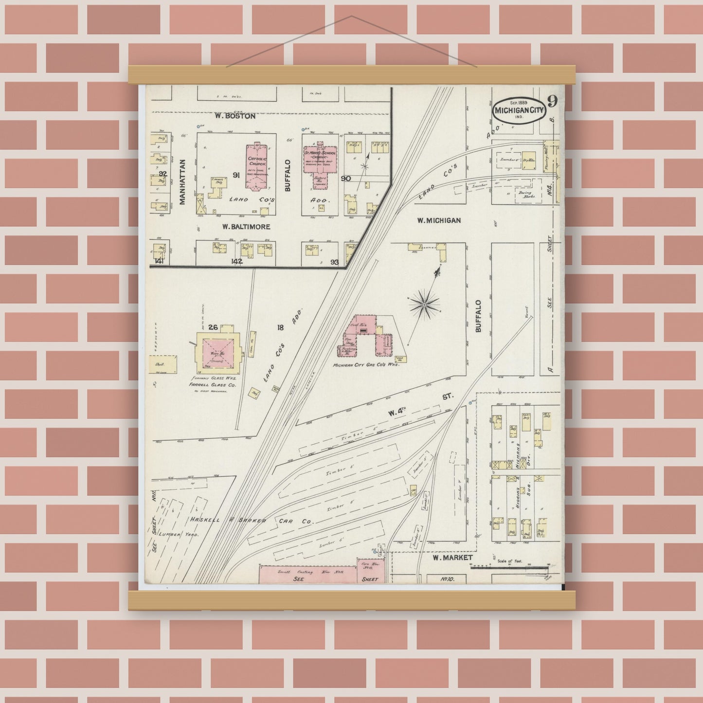 Old map wall art mockup — magnetic wood frame on brick wall — Sanborn Fire Insurance Map from Michigan City, La Porte County, Indiana (1889), Sheet #0009