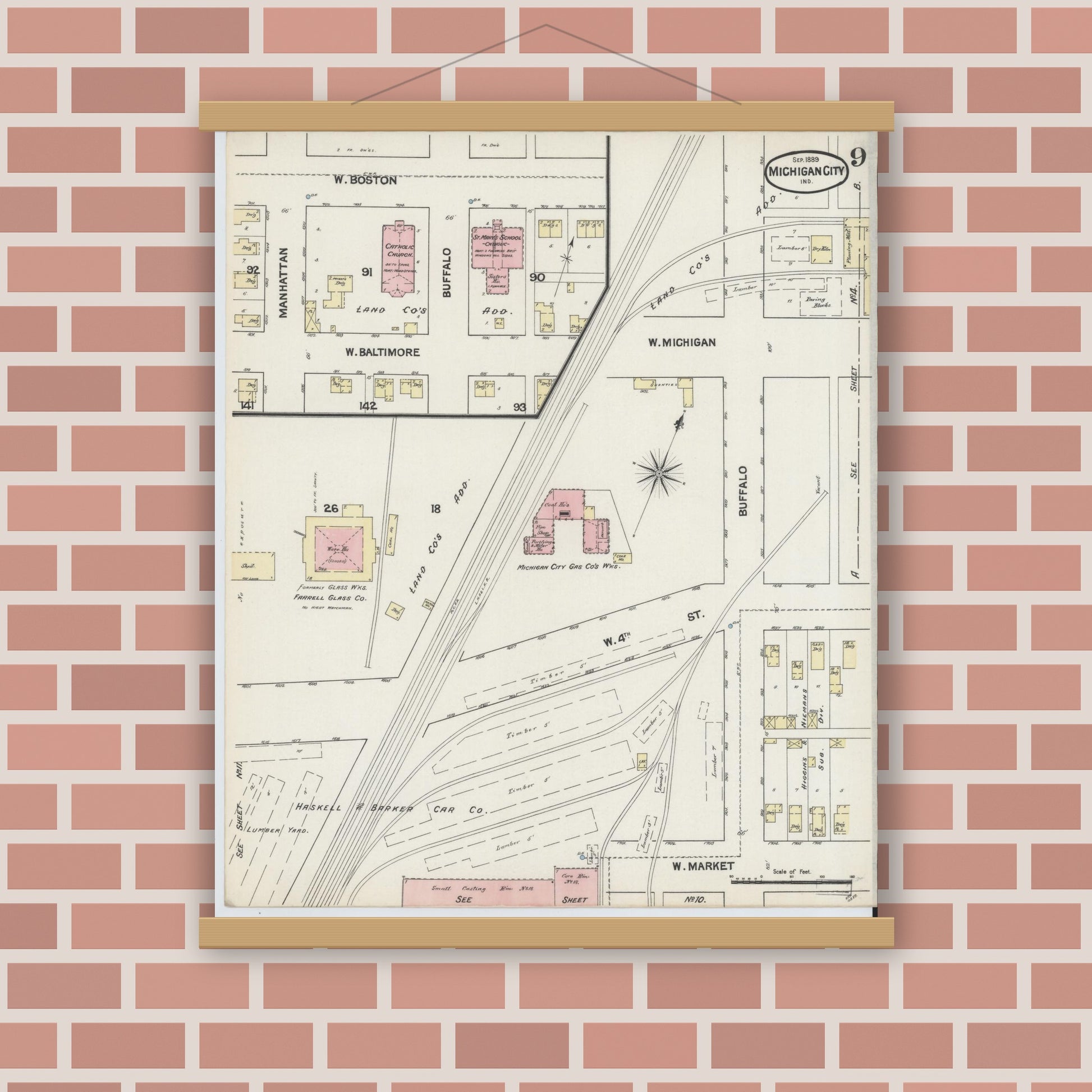 Old map wall art mockup — magnetic wood frame on brick wall — Sanborn Fire Insurance Map from Michigan City, La Porte County, Indiana (1889), Sheet #0009