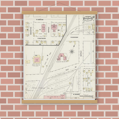 Old map wall art mockup — magnetic wood frame on brick wall — Sanborn Fire Insurance Map from Michigan City, La Porte County, Indiana (1889), Sheet #0009