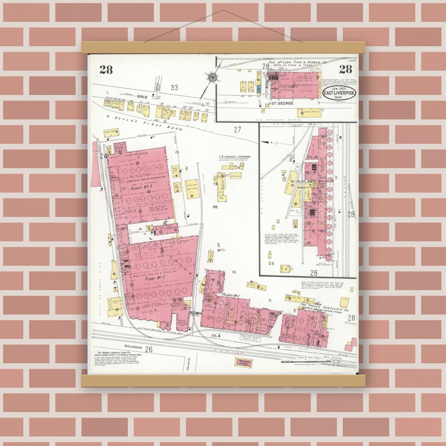 Old map wall art mockup — magnetic wood frame on brick wall — Sanborn Fire Insurance Map from East Liverpool, Columbiana County, Ohio (1923), Sheet #0028