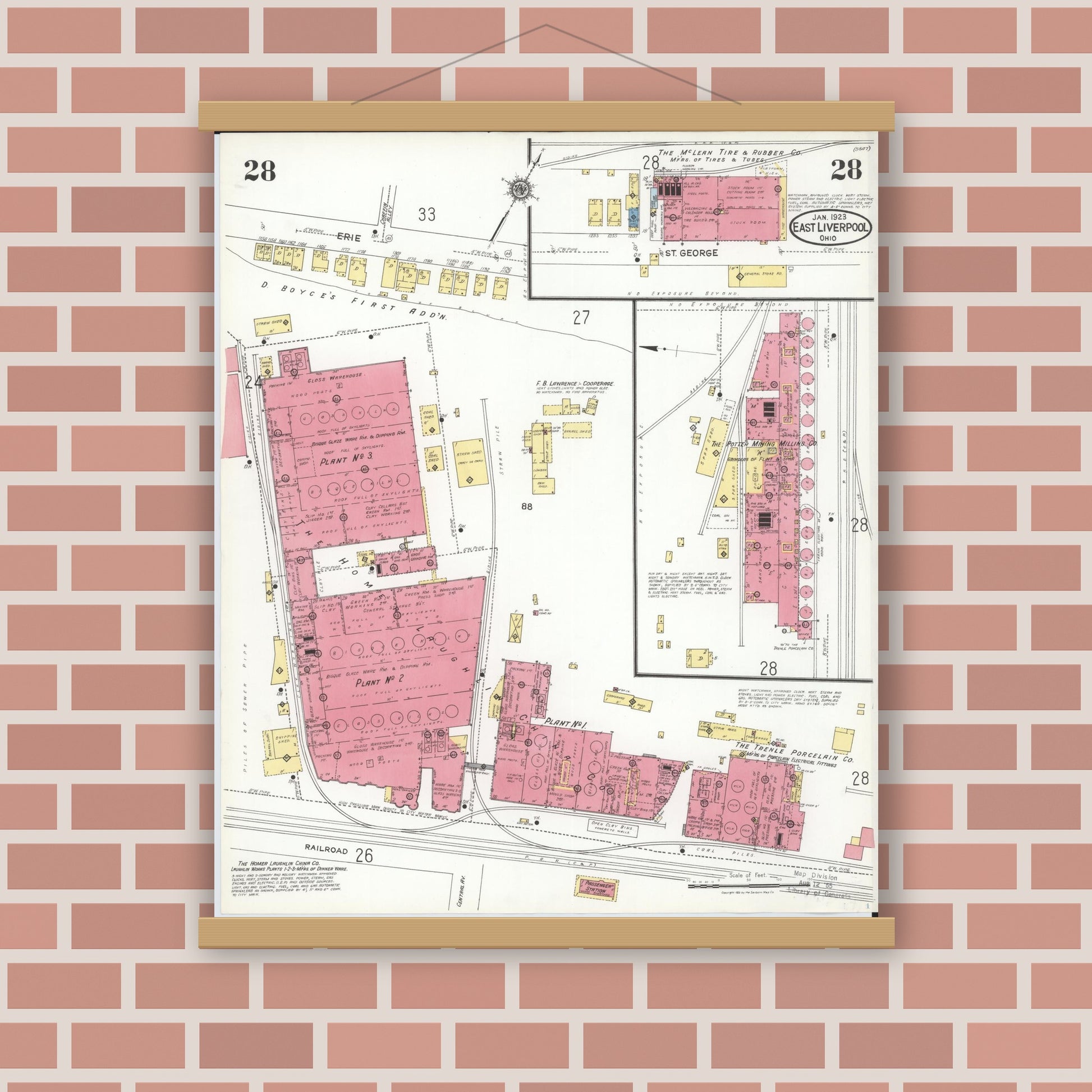 Old map wall art mockup — magnetic wood frame on brick wall — Sanborn Fire Insurance Map from East Liverpool, Columbiana County, Ohio (1923), Sheet #0028