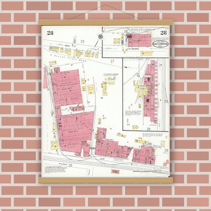 Old map wall art mockup — magnetic wood frame on brick wall — Sanborn Fire Insurance Map from East Liverpool, Columbiana County, Ohio (1923), Sheet #0028
