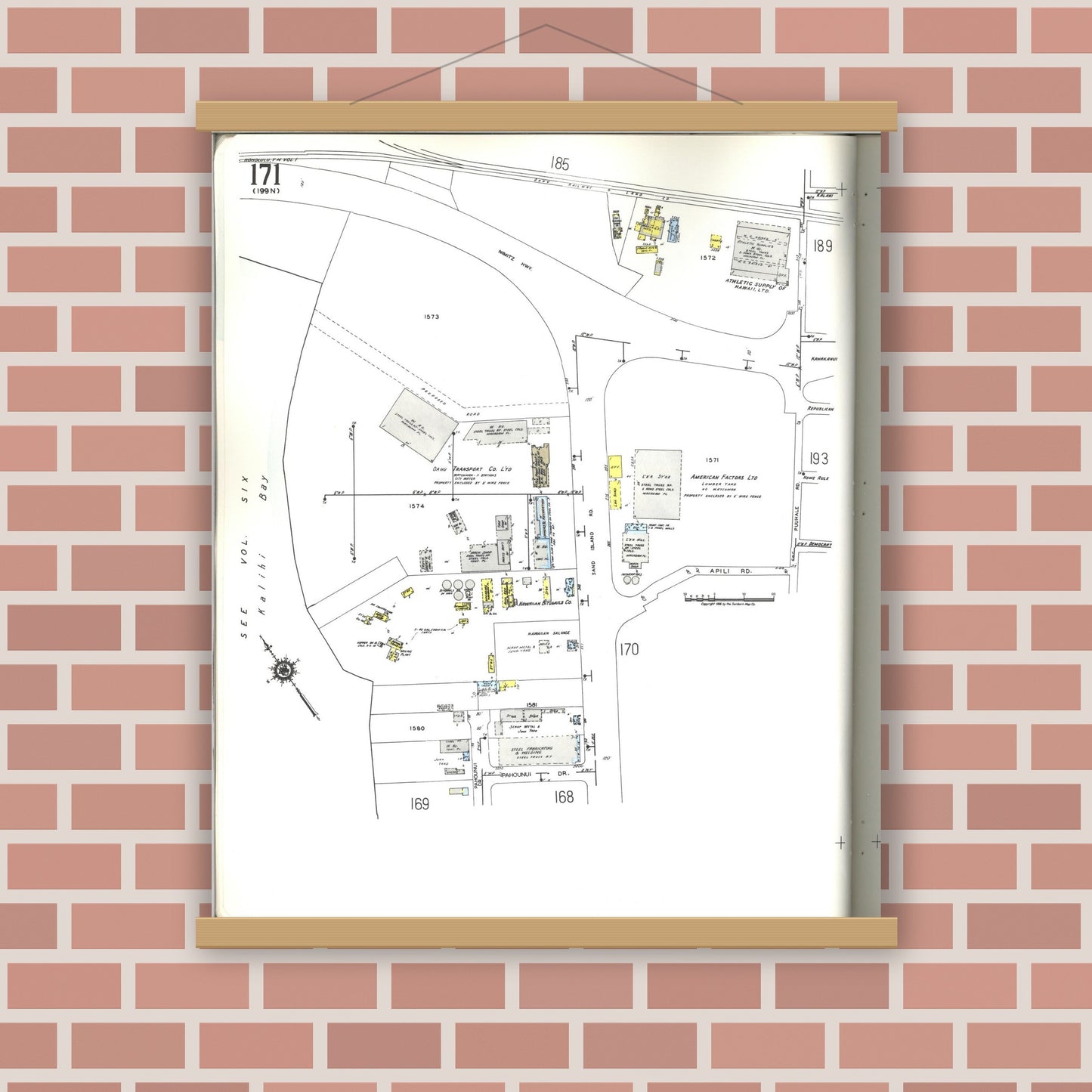 Old map wall art mockup — magnetic wood frame on brick wall — Sanborn Fire Insurance Map from Honolulu, Oahu County, Hawaii (1955), Sheet #0171