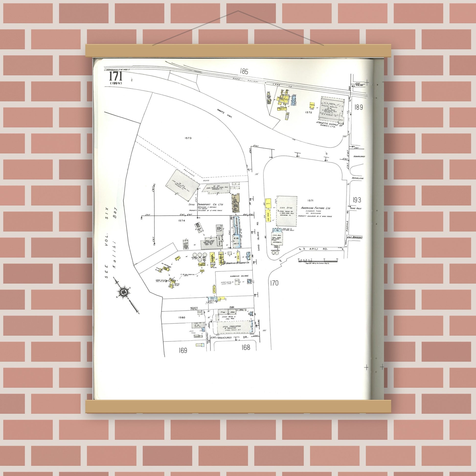 Old map wall art mockup — magnetic wood frame on brick wall — Sanborn Fire Insurance Map from Honolulu, Oahu County, Hawaii (1955), Sheet #0171
