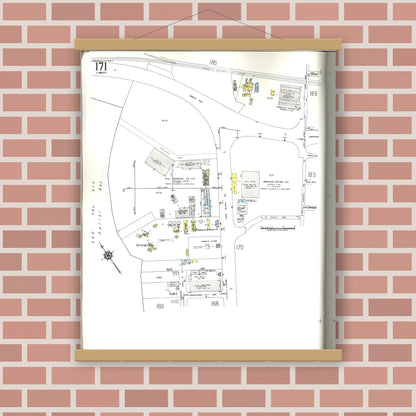 Old map wall art mockup — magnetic wood frame on brick wall — Sanborn Fire Insurance Map from Honolulu, Oahu County, Hawaii (1955), Sheet #0171