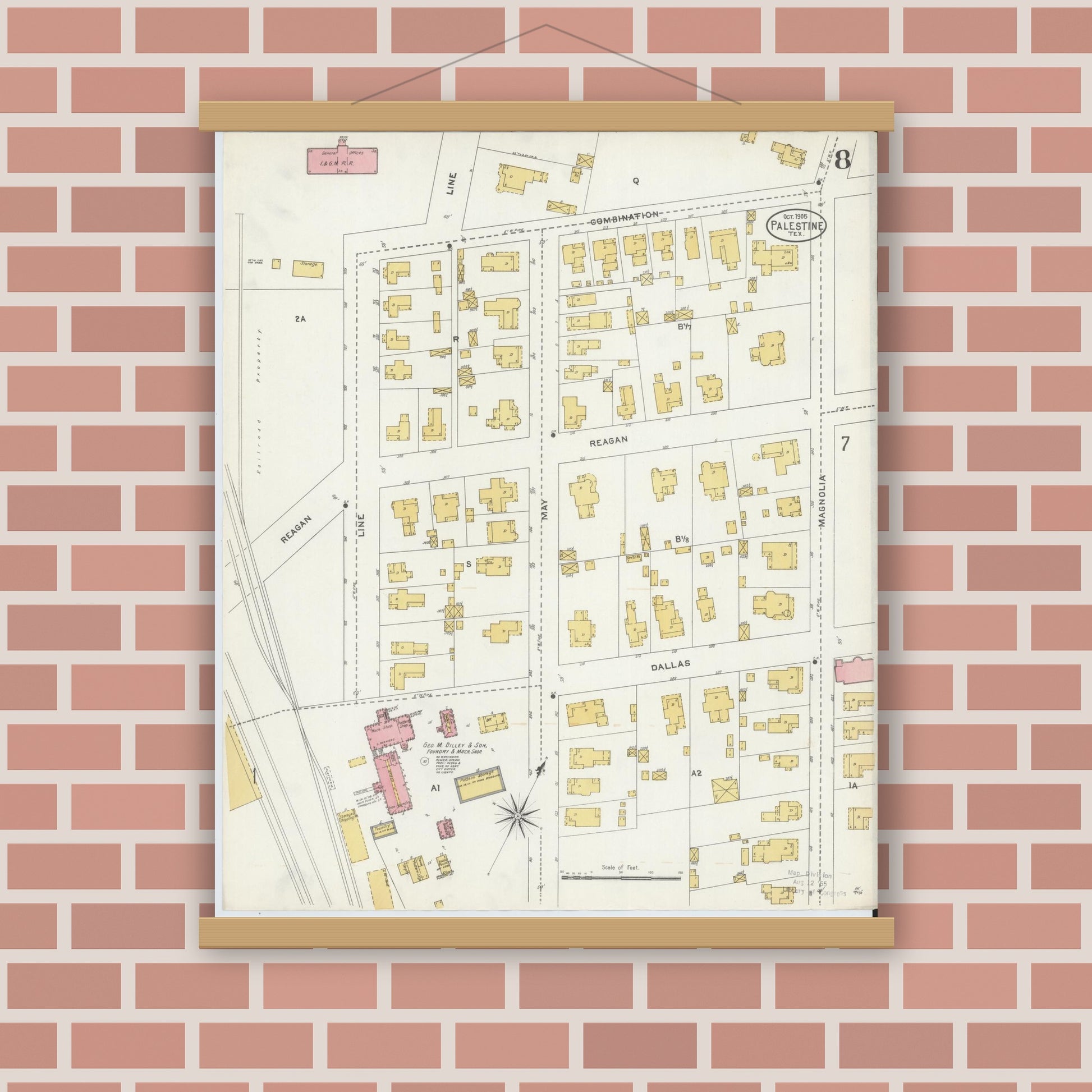 Old map wall art mockup — magnetic wood frame on brick wall — Sanborn Fire Insurance Map from Palestine, Anderson County, Texas (1905), Sheet #0008