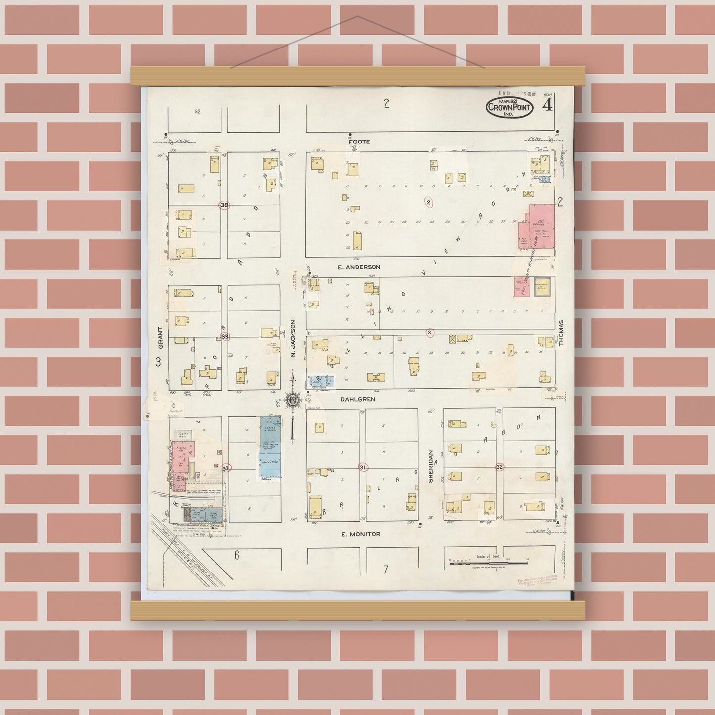 Old map wall art mockup — magnetic wood frame on brick wall — Sanborn Fire Insurance Map from Crown Point, Lake County, Indiana (1948), Sheet #0004