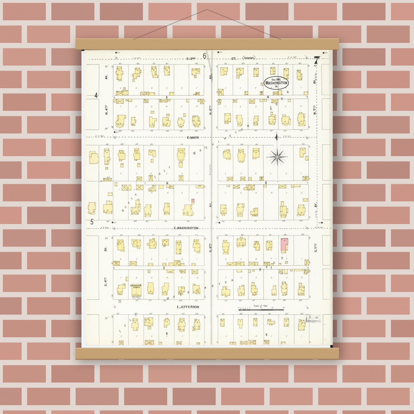 Old map wall art mockup — magnetic wood frame on brick wall — Sanborn Fire Insurance Map from Washington, Washington County, Iowa (1902), Sheet #0007