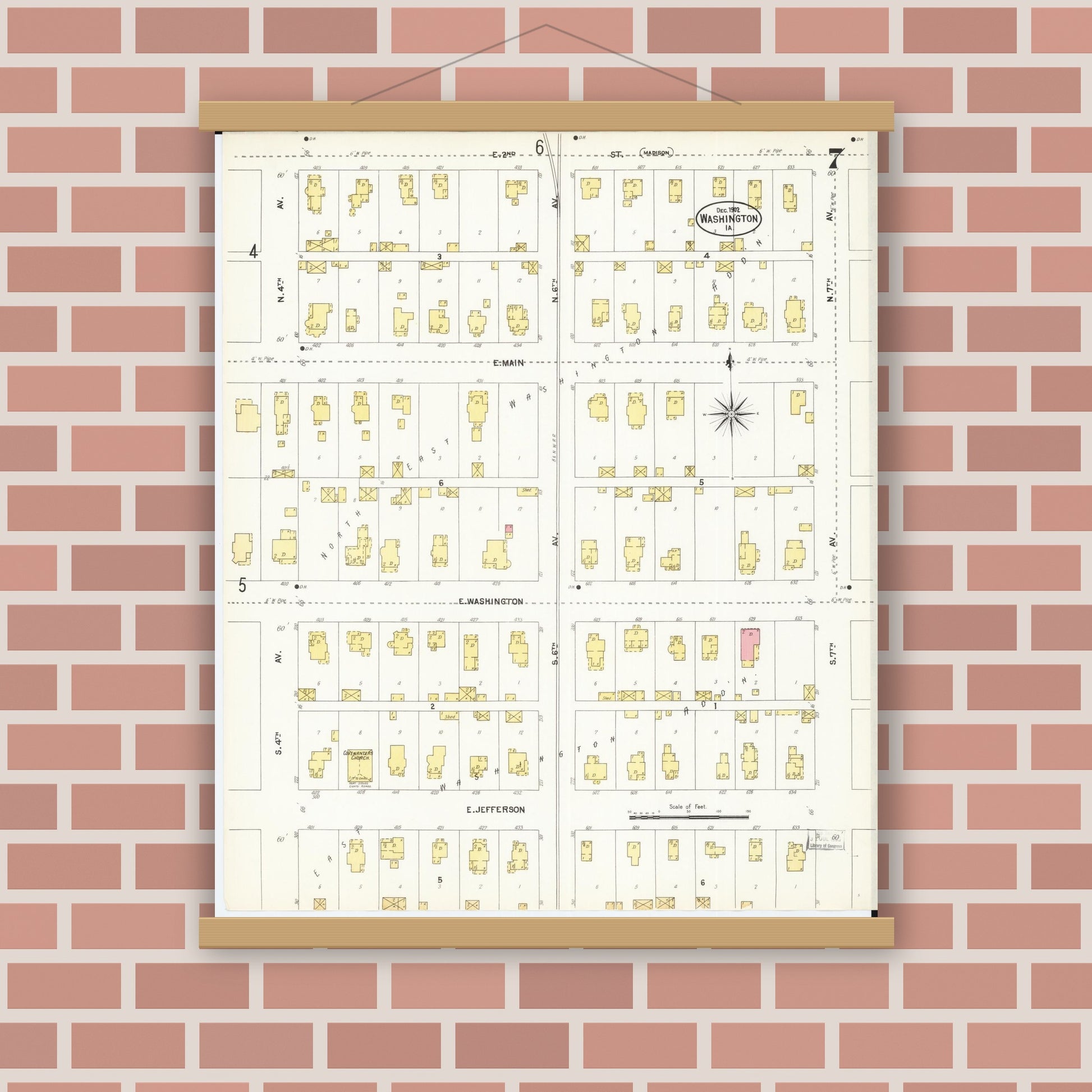 Old map wall art mockup — magnetic wood frame on brick wall — Sanborn Fire Insurance Map from Washington, Washington County, Iowa (1902), Sheet #0007