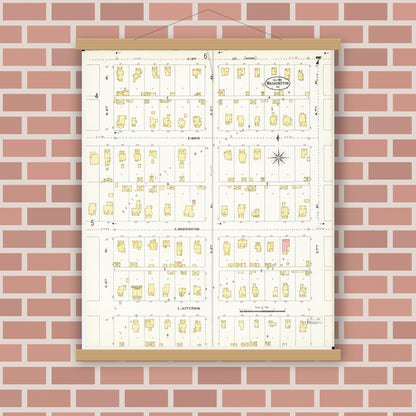 Old map wall art mockup — magnetic wood frame on brick wall — Sanborn Fire Insurance Map from Washington, Washington County, Iowa (1902), Sheet #0007
