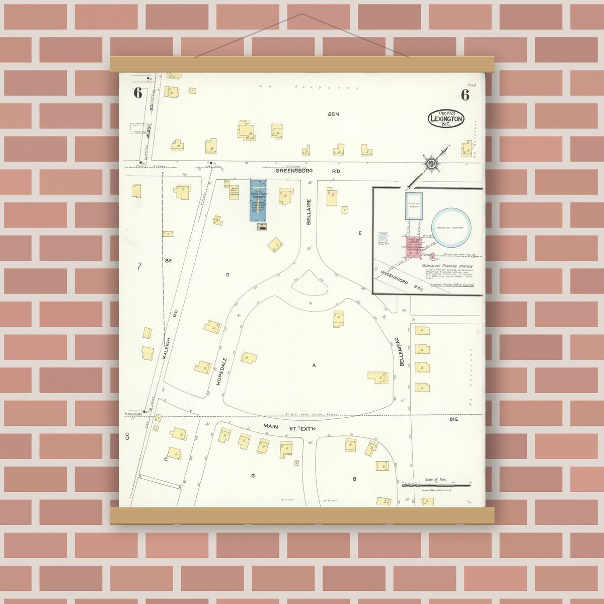 Old map wall art mockup — magnetic wood frame on brick wall — Sanborn Fire Insurance Map from Lexington, Davidson County, North Carolina (1923), Sheet #0006