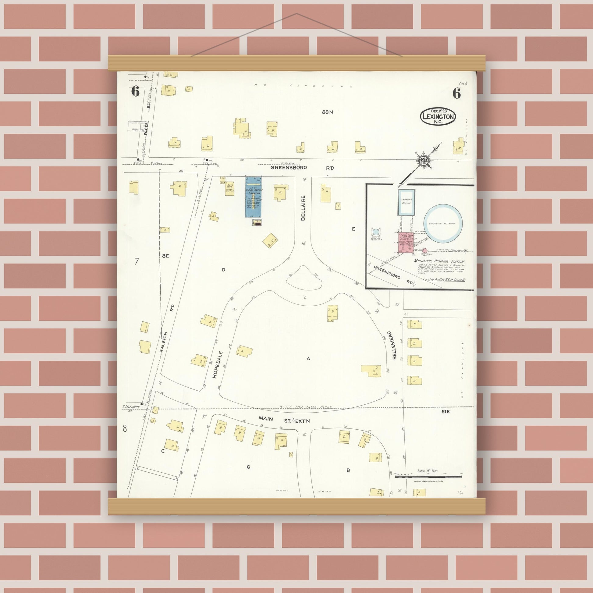 Old map wall art mockup — magnetic wood frame on brick wall — Sanborn Fire Insurance Map from Lexington, Davidson County, North Carolina (1923), Sheet #0006