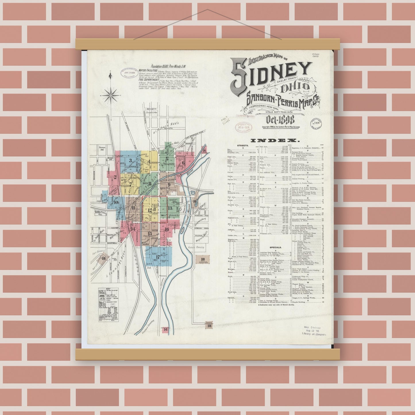 Old map wall art mockup — magnetic wood frame on brick wall — Sanborn Fire Insurance Map from Sidney, Shelby County, Ohio (1898) - Complete Map Set