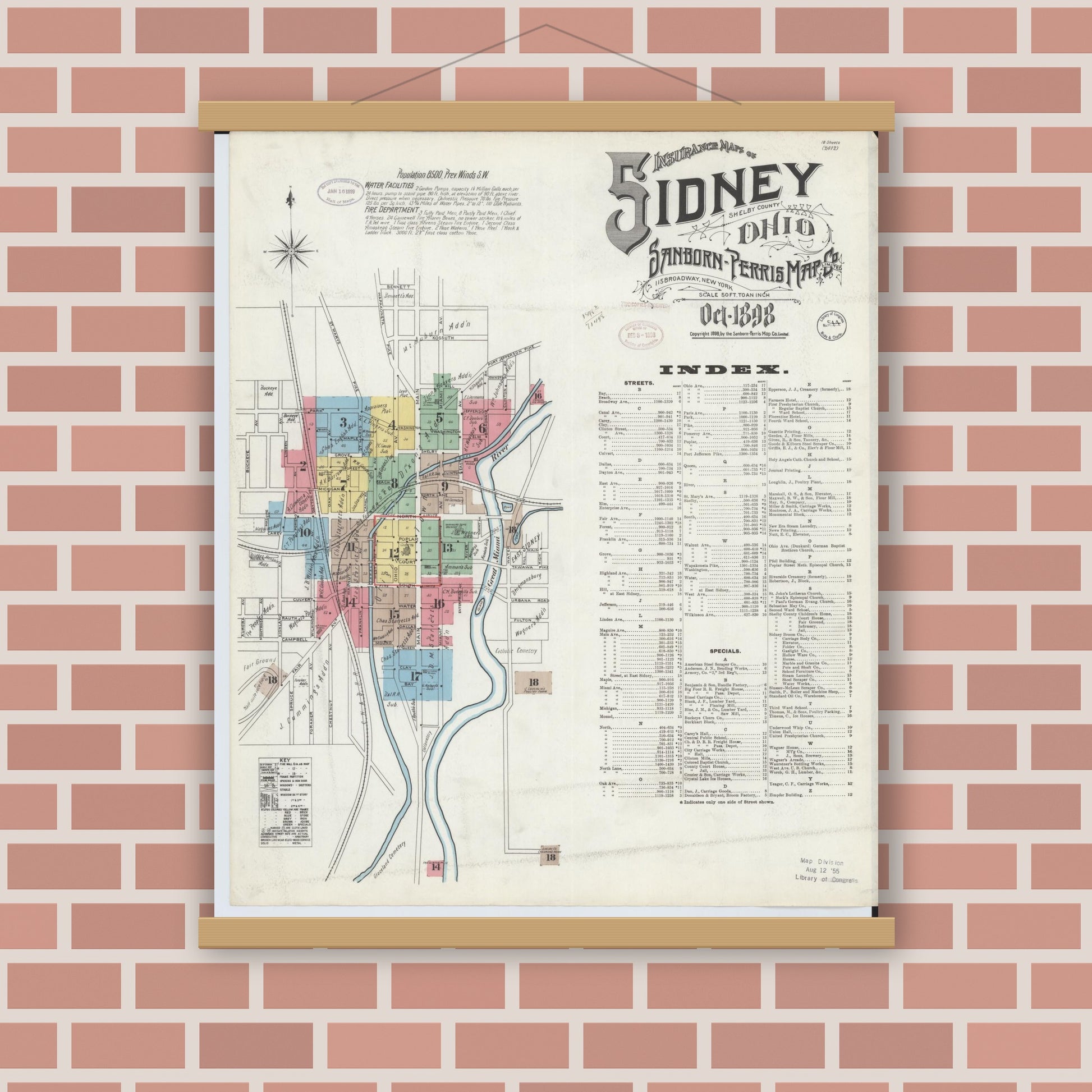Old map wall art mockup — magnetic wood frame on brick wall — Sanborn Fire Insurance Map from Sidney, Shelby County, Ohio (1898) - Complete Map Set