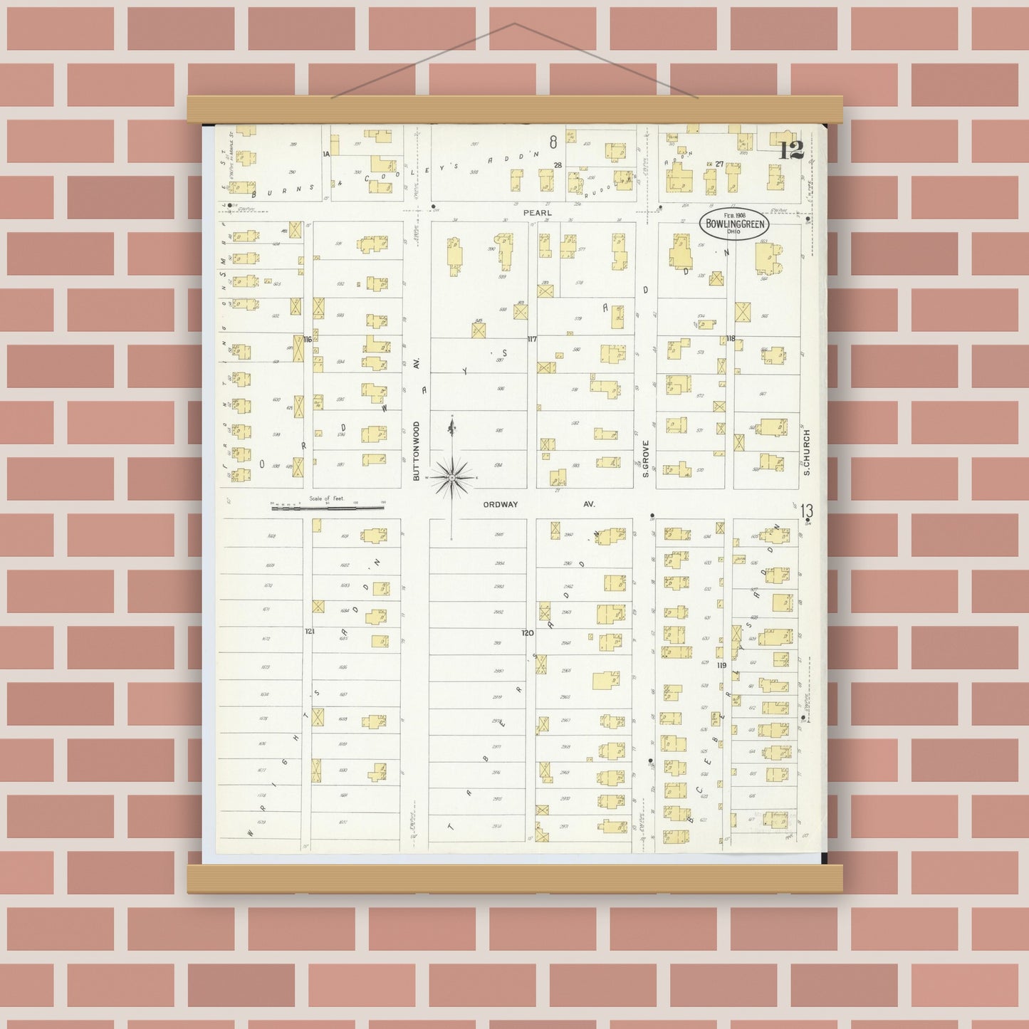 Old map wall art mockup — magnetic wood frame on brick wall — Sanborn Fire Insurance Map from Bowling Green, Wood County, Ohio (1908), Sheet #0012