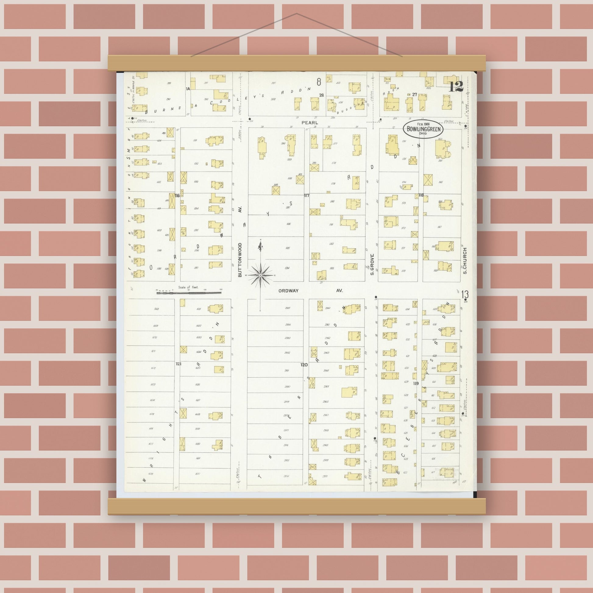 Old map wall art mockup — magnetic wood frame on brick wall — Sanborn Fire Insurance Map from Bowling Green, Wood County, Ohio (1908), Sheet #0012