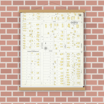 Old map wall art mockup — magnetic wood frame on brick wall — Sanborn Fire Insurance Map from Bowling Green, Wood County, Ohio (1908), Sheet #0012