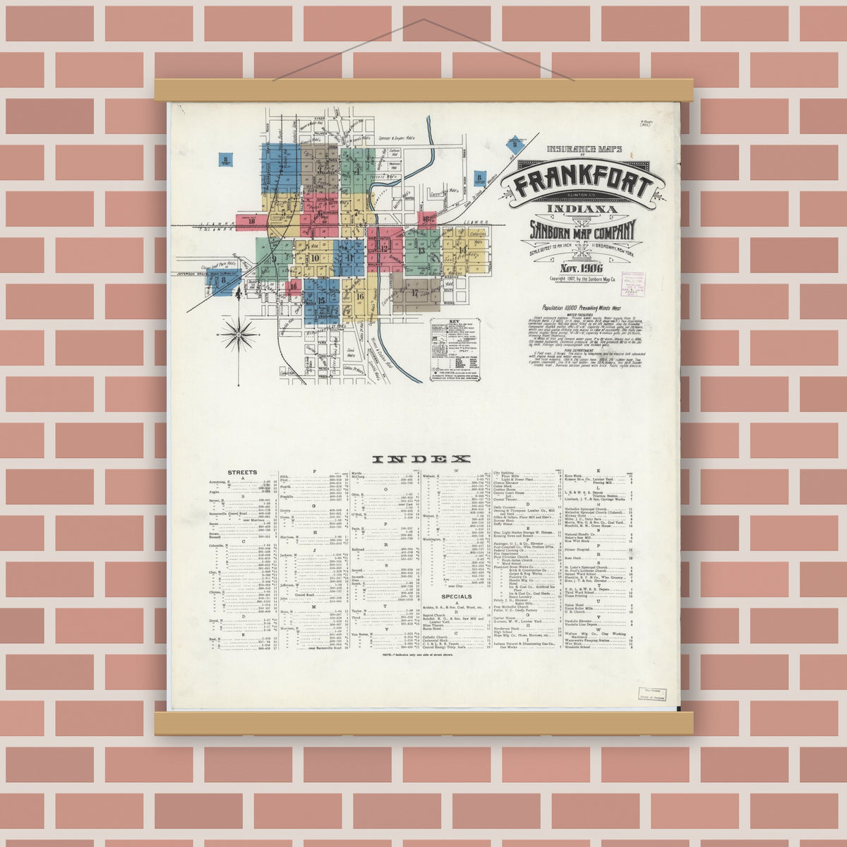 Old map wall art mockup — magnetic wood frame on brick wall — Sanborn Fire Insurance Map from Frankfort, Clinton County, Indiana (1906), Sheet #0001