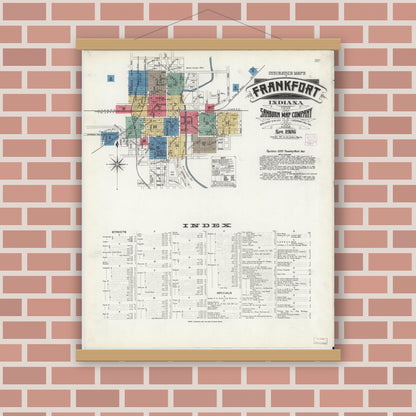 Old map wall art mockup — magnetic wood frame on brick wall — Sanborn Fire Insurance Map from Frankfort, Clinton County, Indiana (1906), Sheet #0001