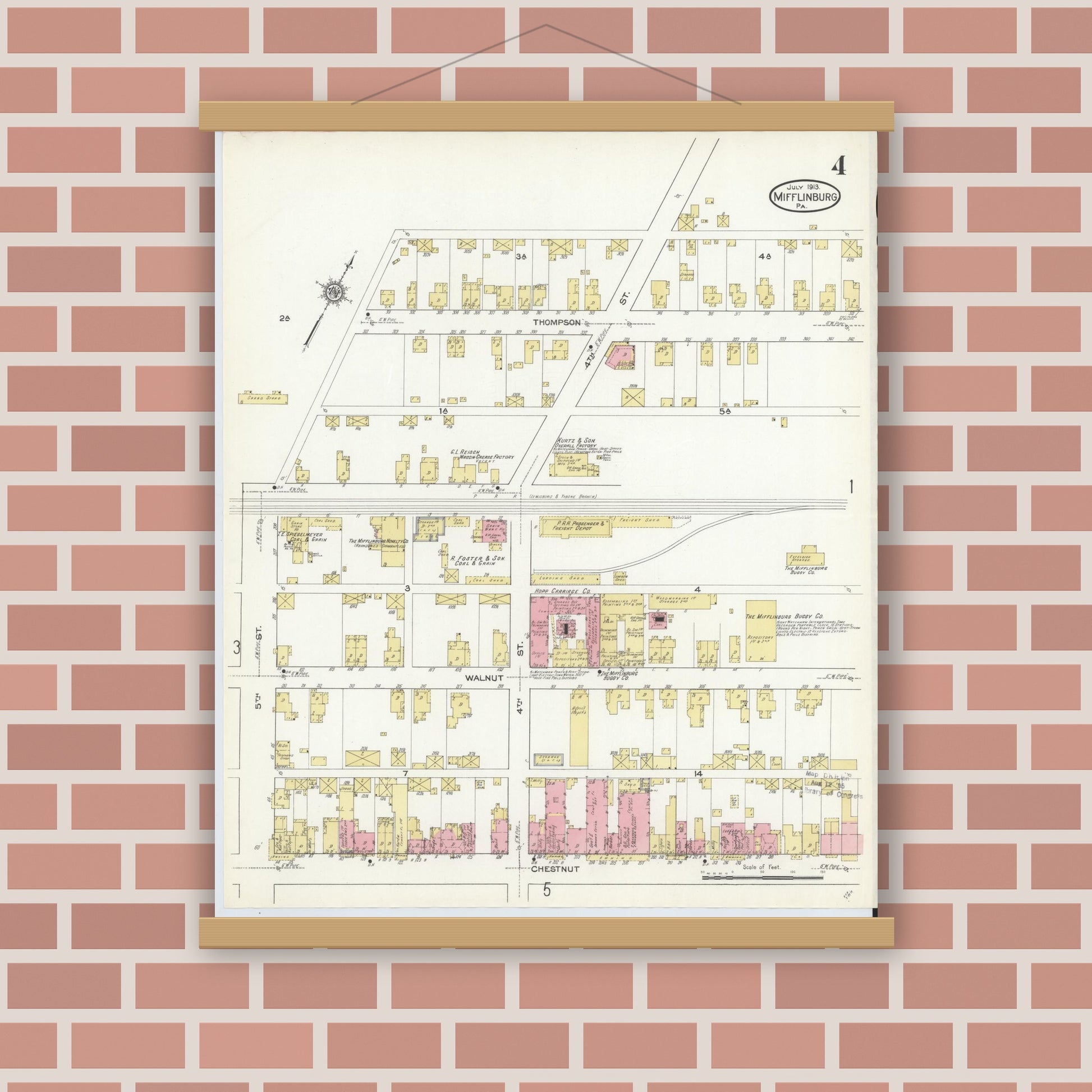 Old map wall art mockup — magnetic wood frame on brick wall — Sanborn Fire Insurance Map from Mifflinburg, Union County, Pennsylvania (1913), Sheet #0004
